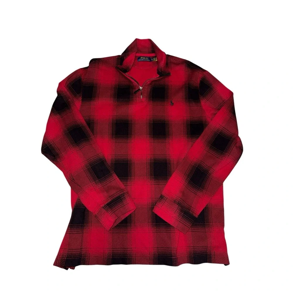 Polo Ralph Lauren‎ Pullover Men Extra XL  Red Buffalo Plaid Quarter Zip Sweater